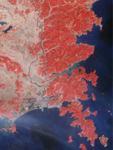 Фотообои 3д синее море красные горы (terra-00047)