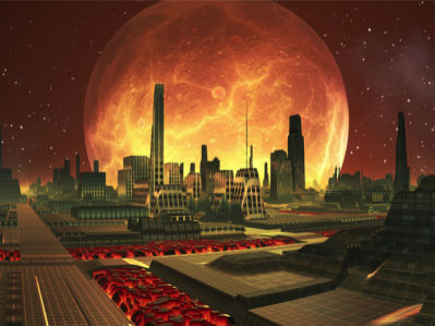 Фотообои город с горящей планетой (fantasy-0000070)