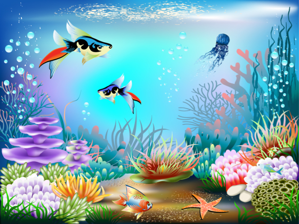 Фотообои для ванны рыбки рисованные (underwater-world-00188)