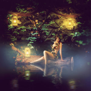 Фотообои фея в ночном лесу в воде (fantasy-0000117)