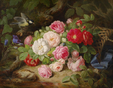 Картина Букет из роз на земле с синицей (pf-139)