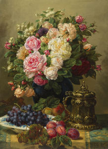 Картина букет роз и фрукты на столе (pf-134)