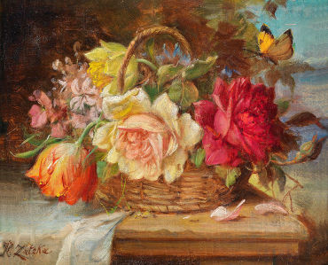 Картина корзина с цветами и бабочка (pf-124)