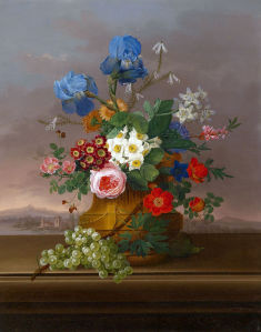 Картина Цветы с виноградом на фоне с пейзажем (pf-152)